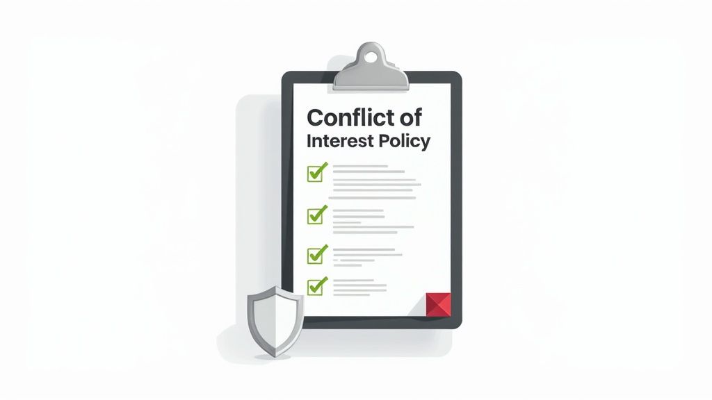 盾のマークとチェックリストが描かれたシンボルイラスト