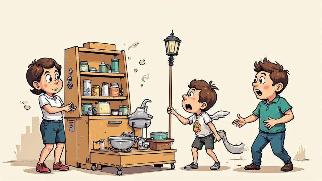 棚の前に立つ少女と、ランタンを持つ驚いた少年、もう一人の少年が描かれたイラスト。