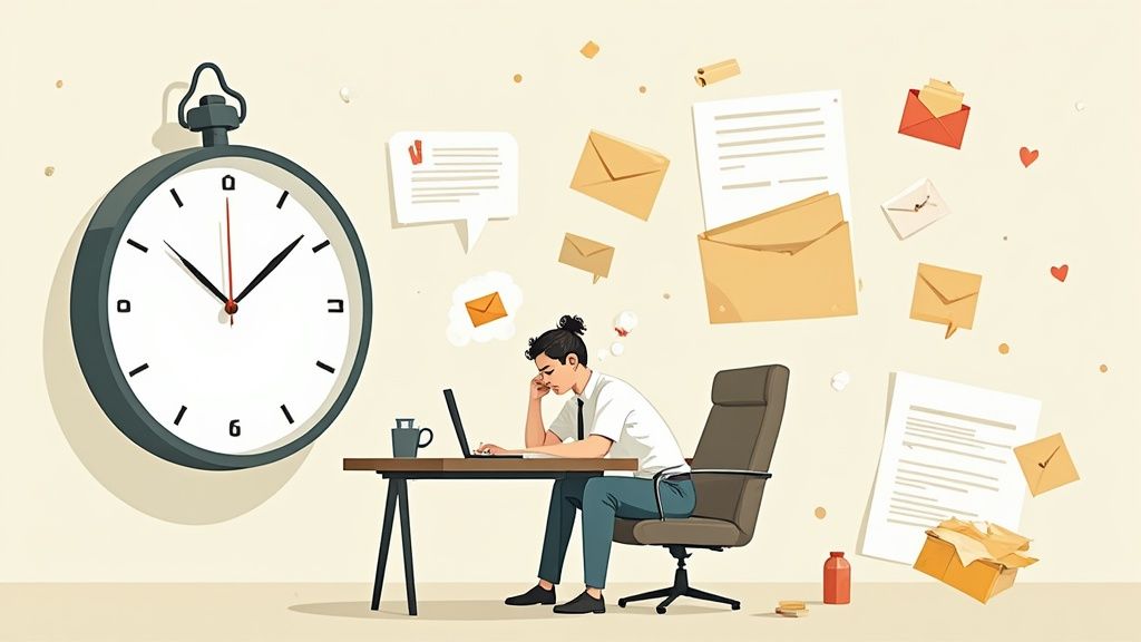 デスクでストレスを感じながら仕事をする人、時間と大量のタスクに圧倒されている様子が描かれています。