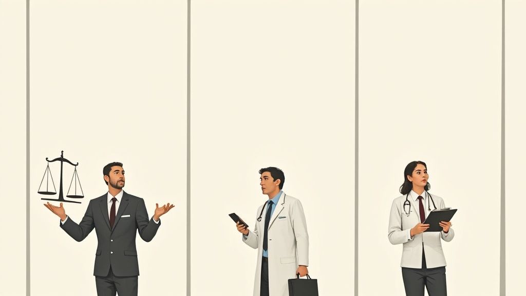 法廷の天秤や聴診器など、専門家の職務を象徴するシンボルイラスト