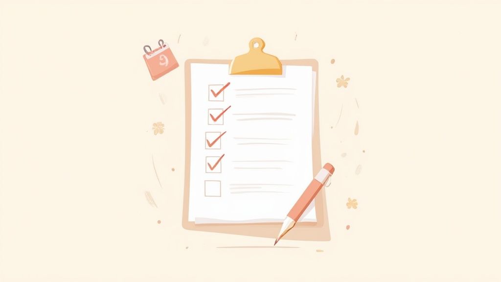 チェックリストが記載されたクリップボードと鉛筆、4つの項目にチェックマークが付いた書類のイラスト