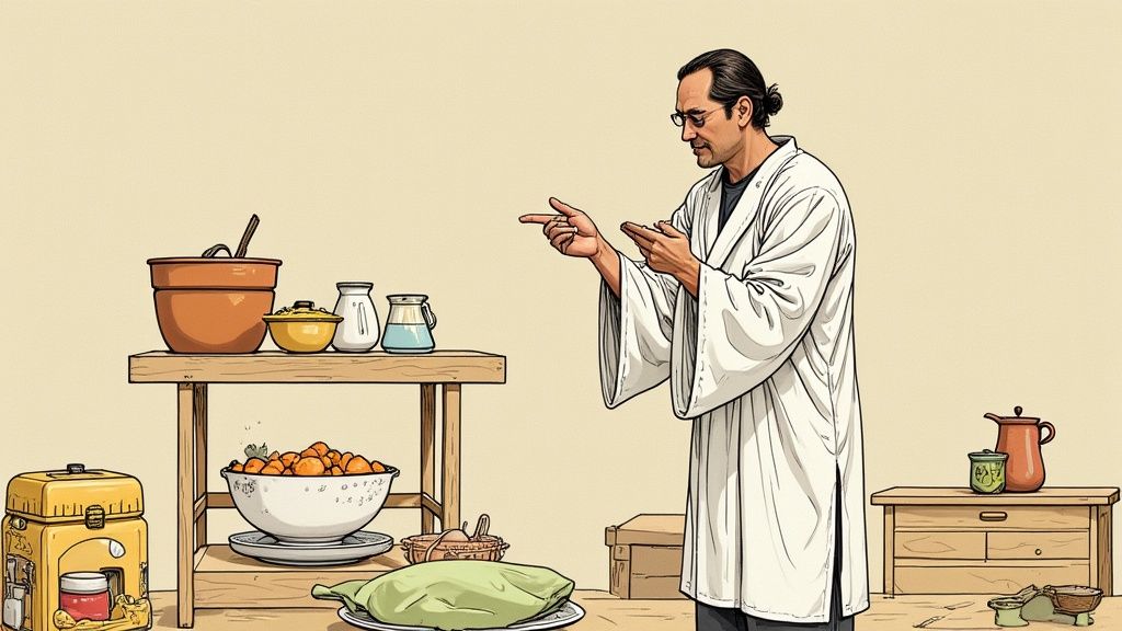 白い服の男性が指さし、キッチン用品や食材が並ぶ調理場のような風景。