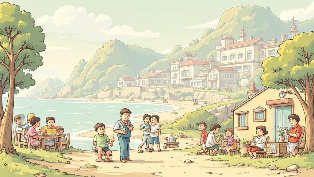 海辺の村で子供たちが楽しそうに遊んだり、食事をしたりしている様子を描いたイラスト。