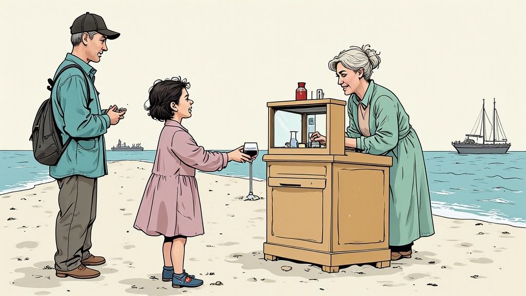 ビーチで男性と女の子が年配の女性の店を訪れる、穏やかな雰囲気のイラスト。