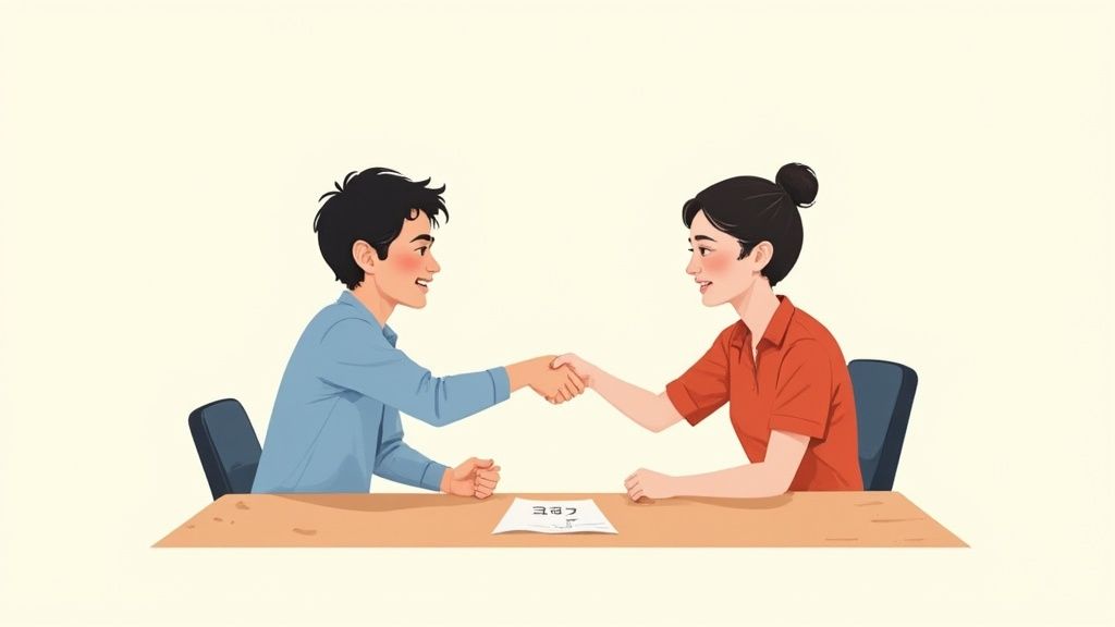 笑顔の男女が机越しに握手をしているイラスト。テーブルには書類が置かれている。