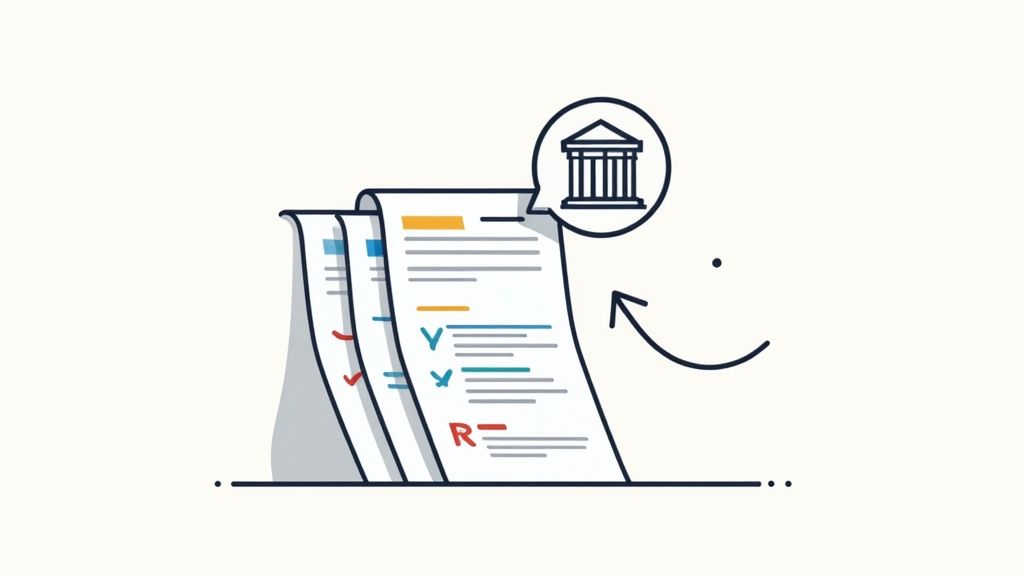 役員変更登記の書類と法務局のアイコン、チェックマークと期限を示す登記申請プロセスのイラスト