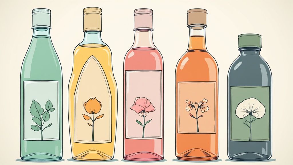 異なる色の液体が入った5本のボトルが並び、それぞれのラベルには植物のイラストが描かれています。