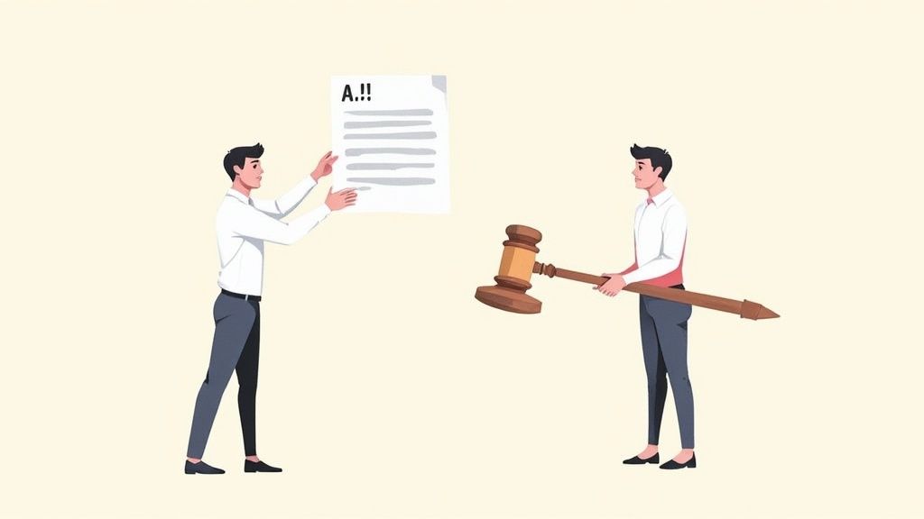 法的文書を掲げる人物と木槌を持つ人物が役員変更登記の期限と法的手続きについて説明するイラスト