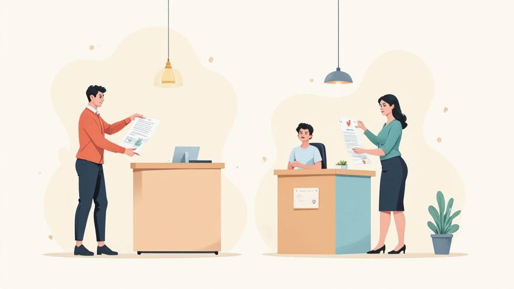 オフィスで男性と女性が書類を扱っている様子