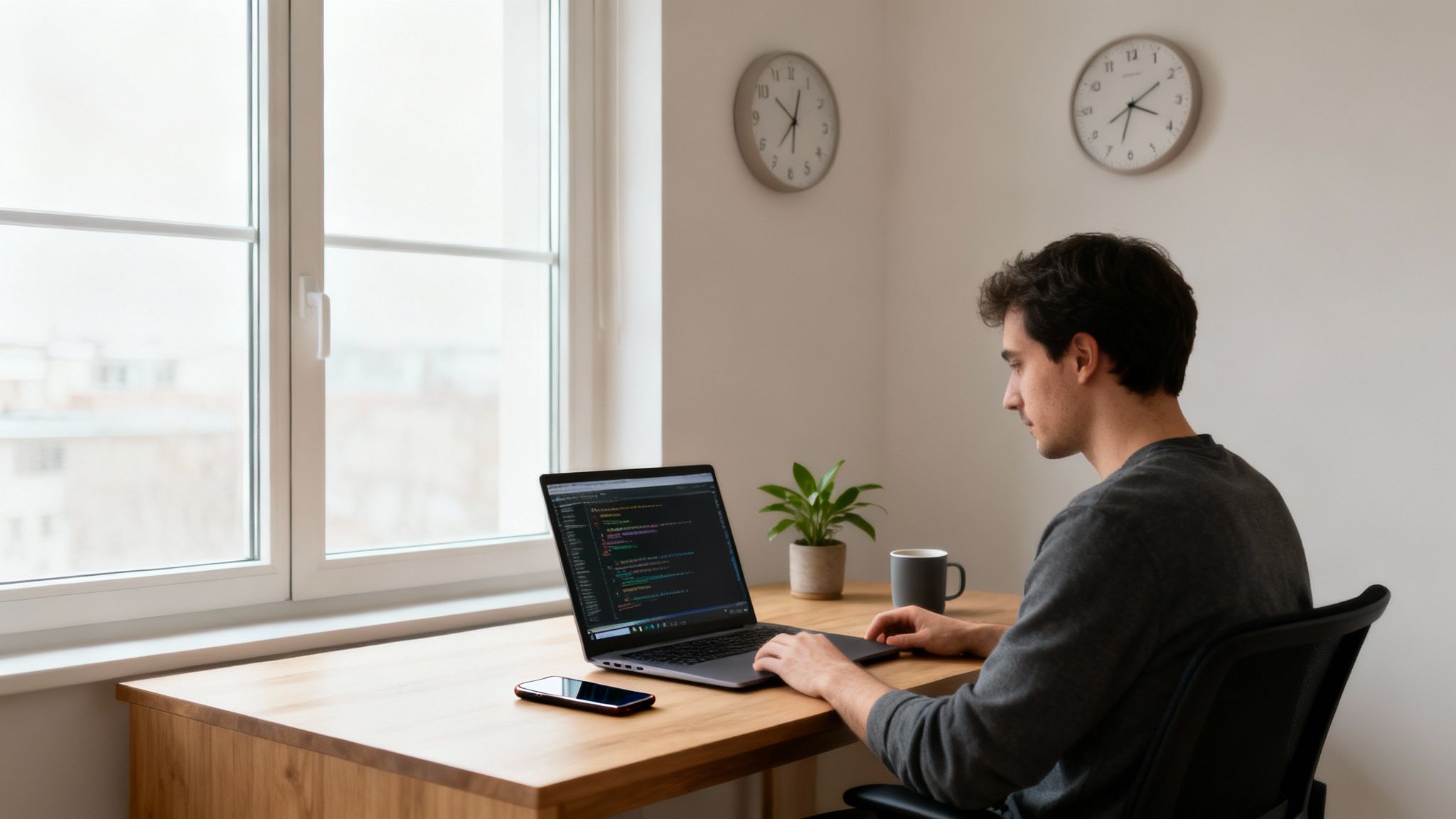 A man coding on a laptop at a wooden desk in a bright home office next to a window.