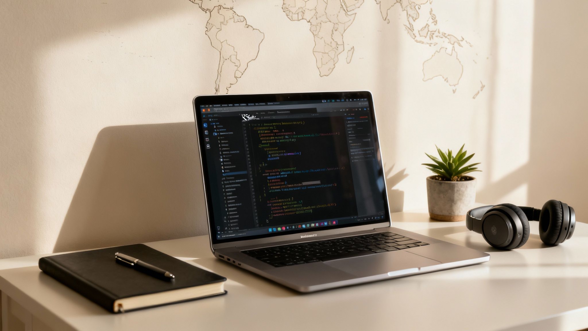 A clean remote developer workspace featuring a laptop displaying code, a notebook, pen, and headphones.