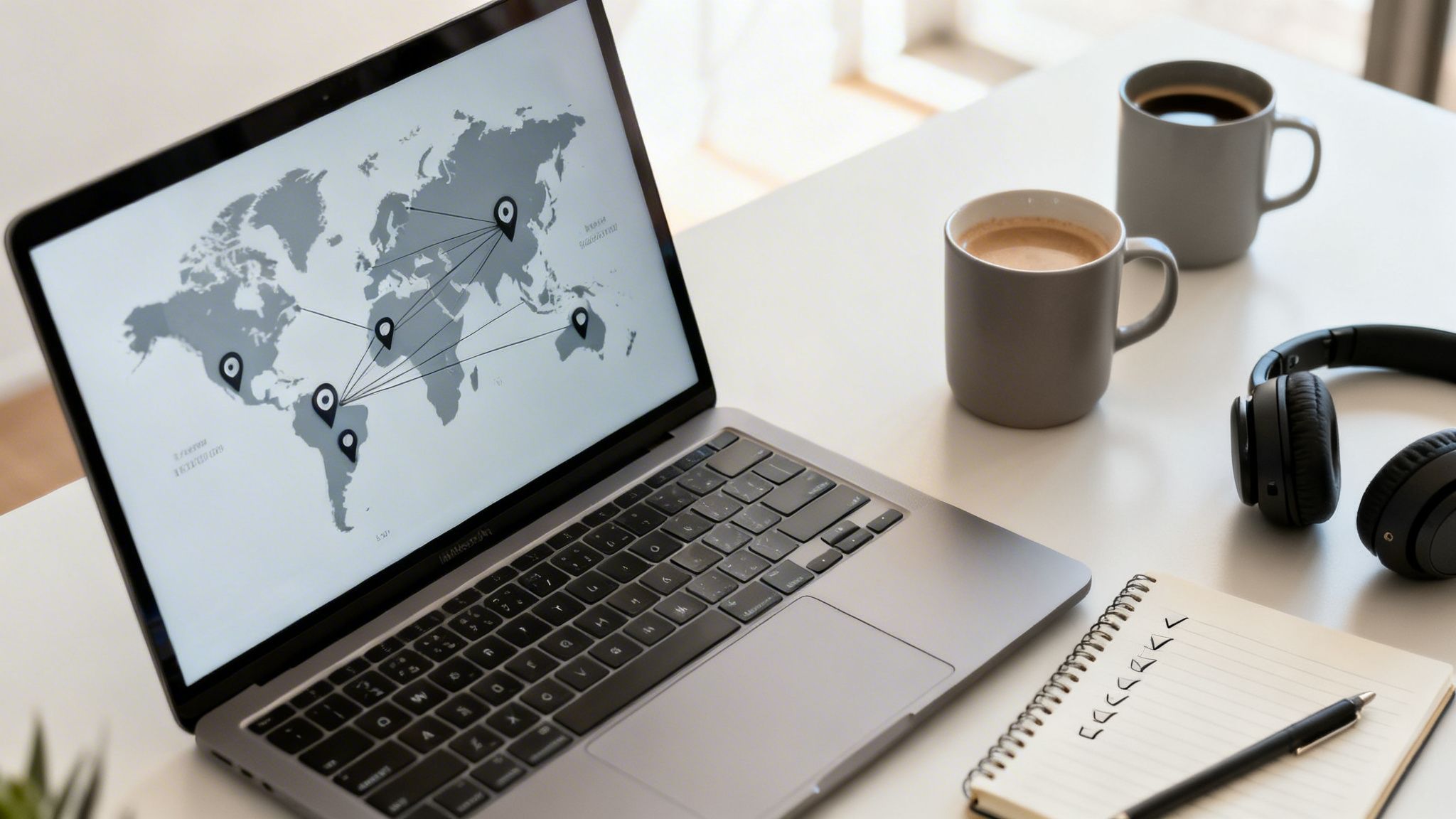 A desk with a laptop displaying a world map, coffee mugs, headphones, and a checklist notebook.
