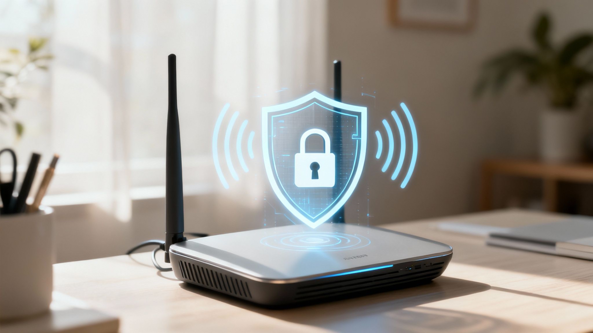 A home router on a desk with glowing lights, symbolizing the central point of a secure home network.