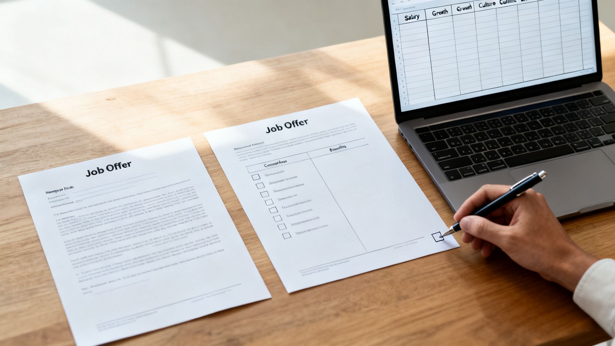 A hand checks a box on a job offer document, with a laptop showing a comparative spreadsheet nearby on a wooden desk.