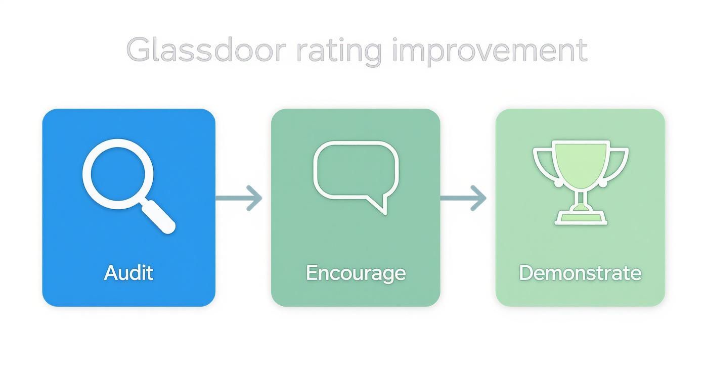 A three-step process diagram illustrating Glassdoor rating improvement: Audit, Encourage, Demonstrate.
