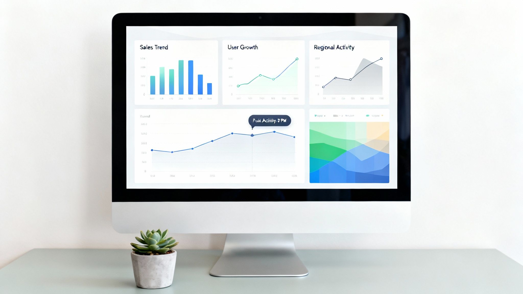 Desktop computer showing a data analytics dashboard with sales trends, user growth, and regional activity.