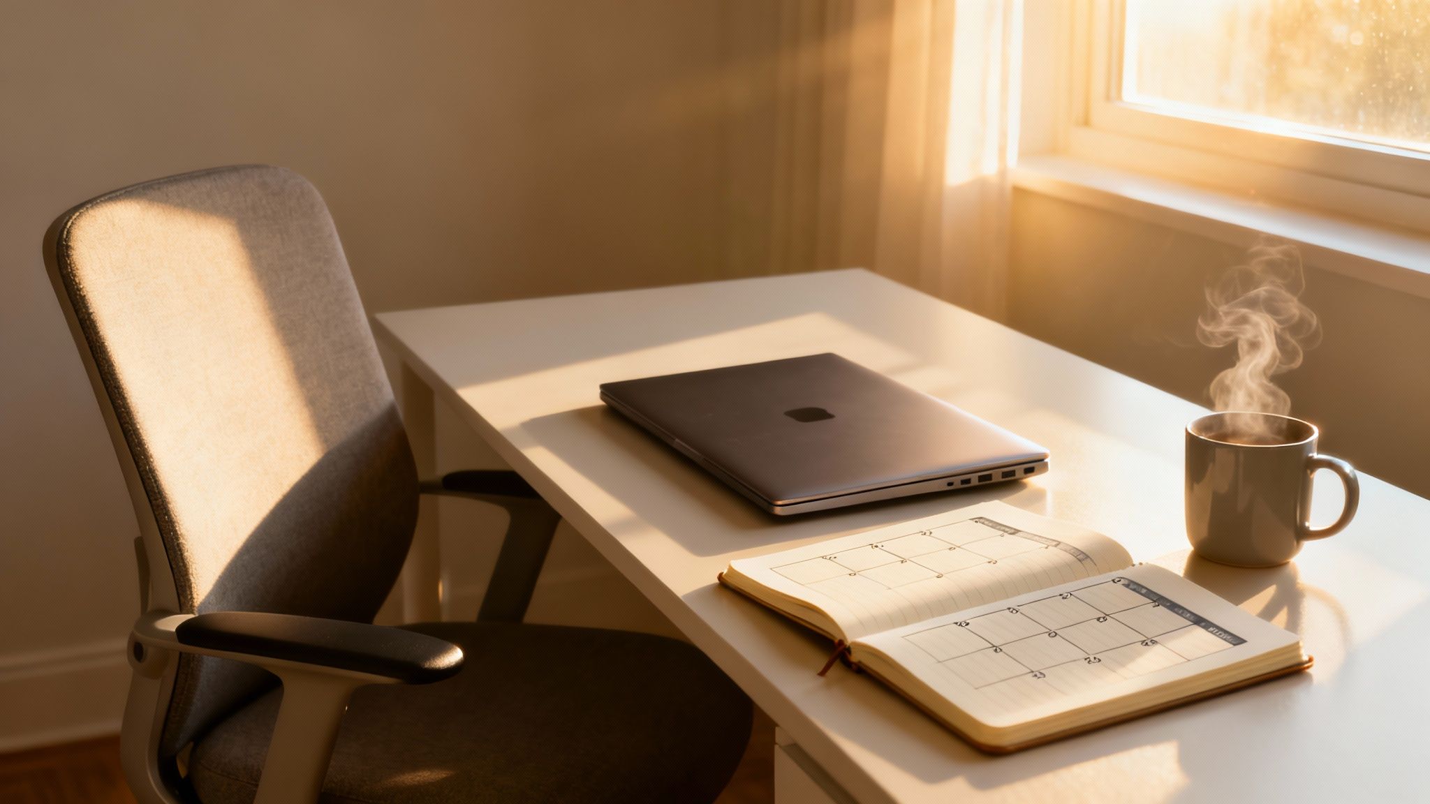 A cozy home office setup with a closed laptop, open planner, and steaming coffee mug on a sunny desk.