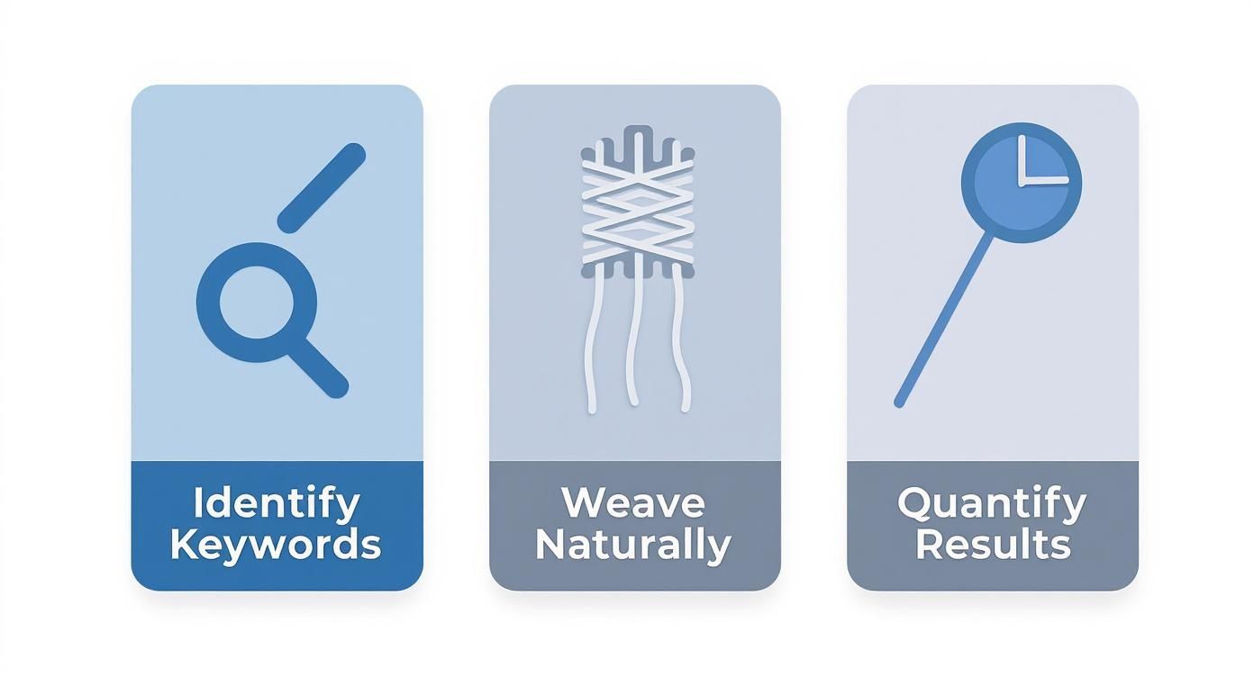 Three-step SEO process showing identify keywords, weave naturally, and quantify results with icons