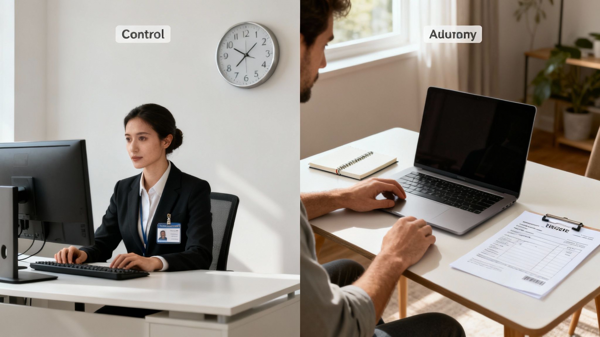 A split image shows an employee in an office and a contractor working remotely on a laptop.
