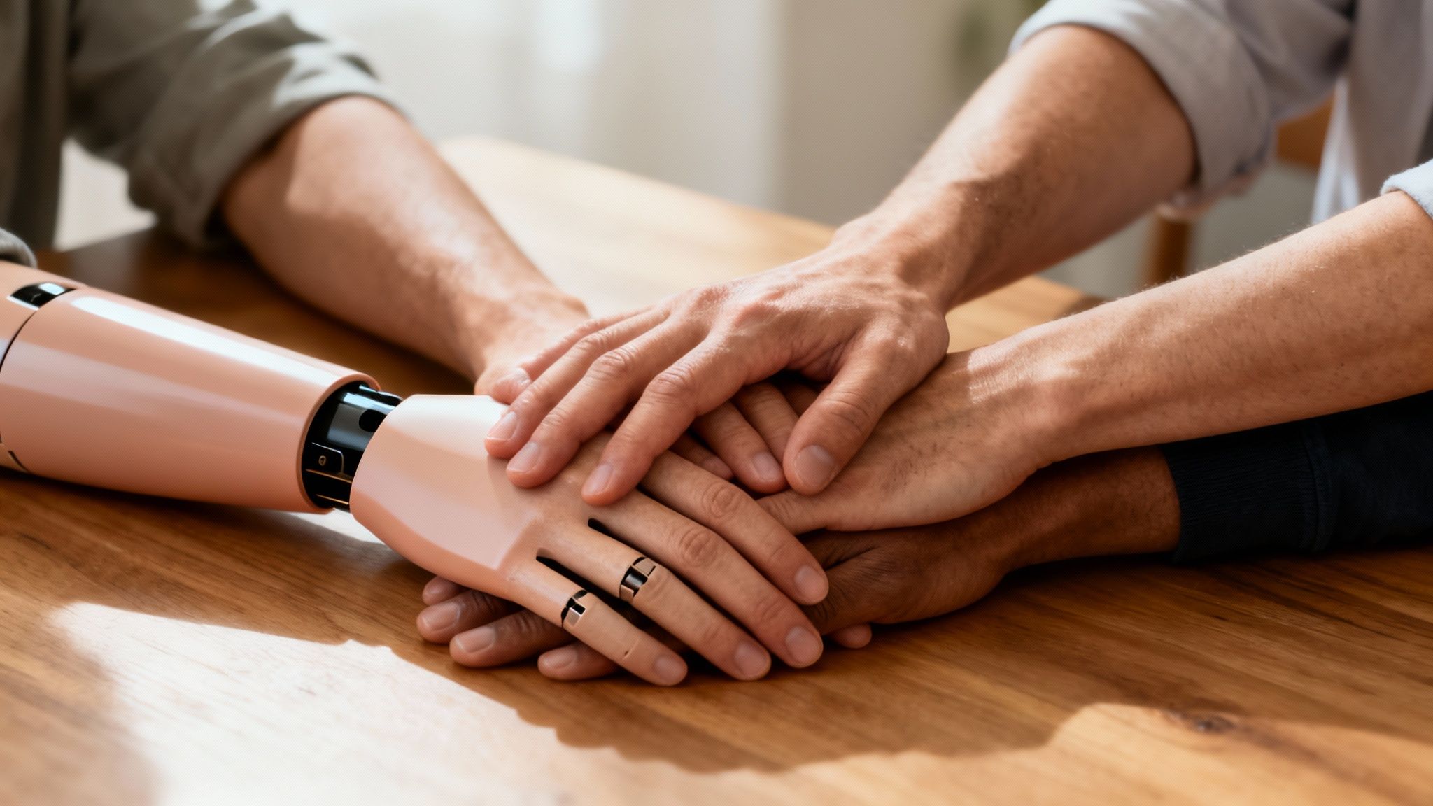 Diverse hands, including a prosthetic, stack together on a wooden table, symbolizing unity and support.