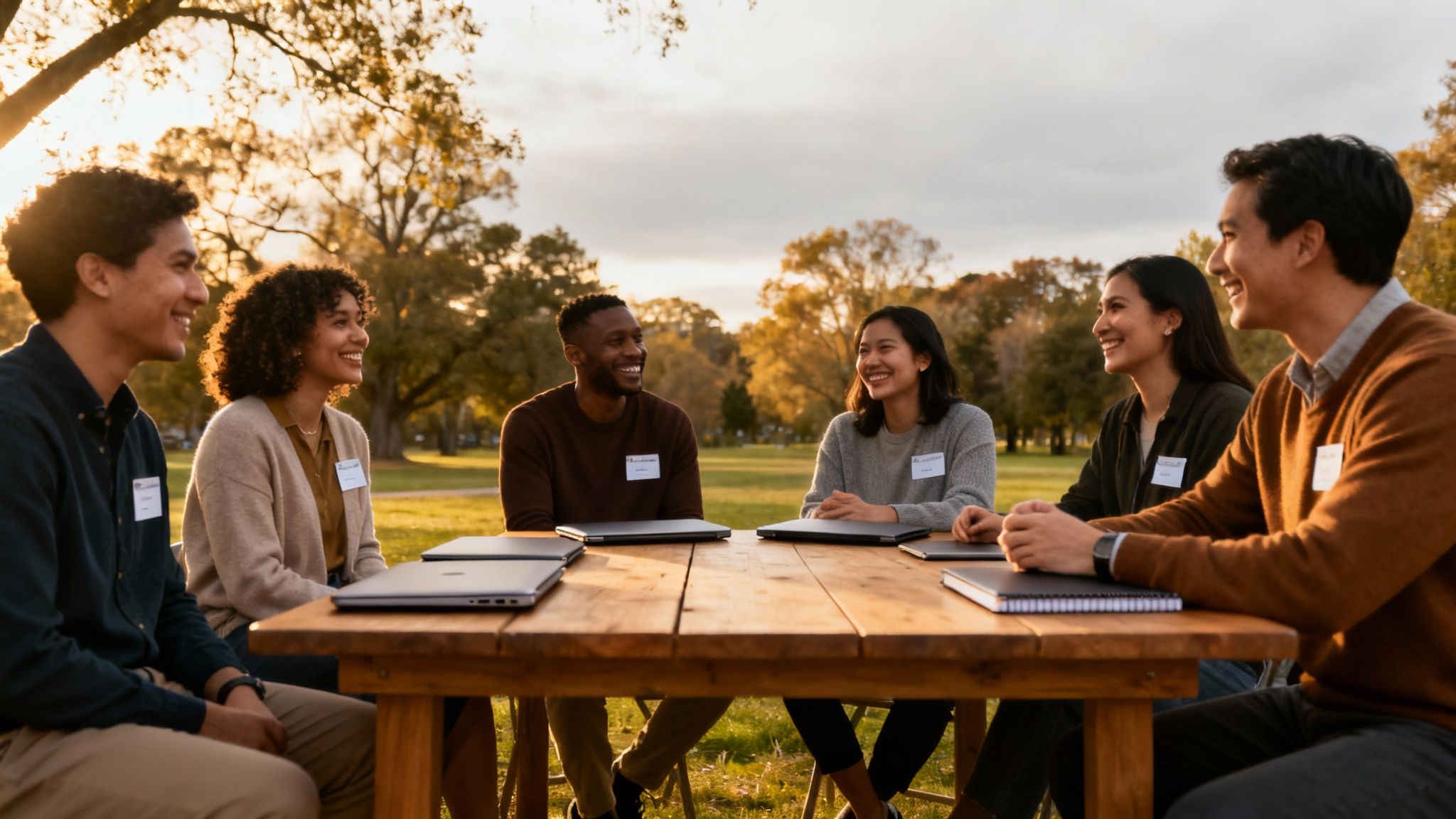 Six diverse young professionals smiling and conversing at an outdoor picnic table.