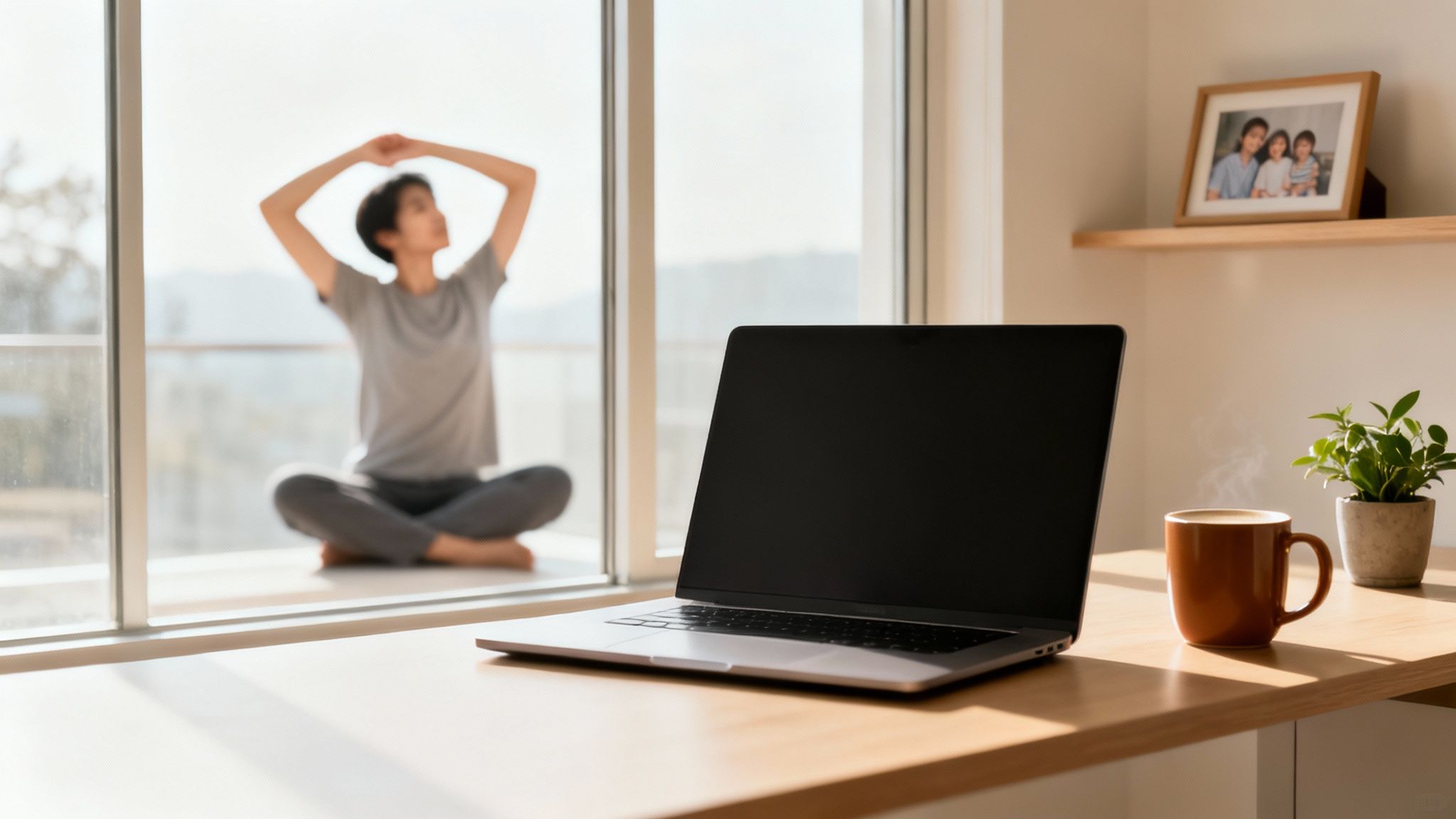 A laptop on a wooden desk with a steaming coffee cup and plant, and a person stretching by a bright window.