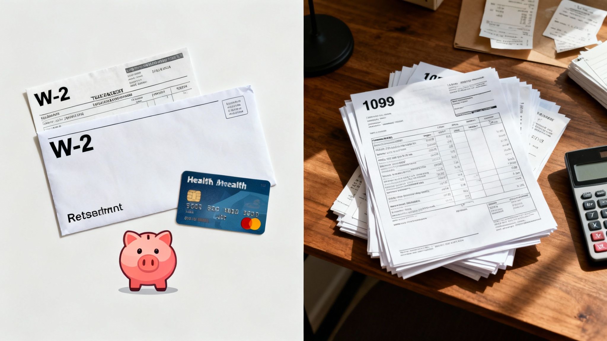 Tax forms W-2 and 1099, a credit card, piggy bank, and calculator on a desk.