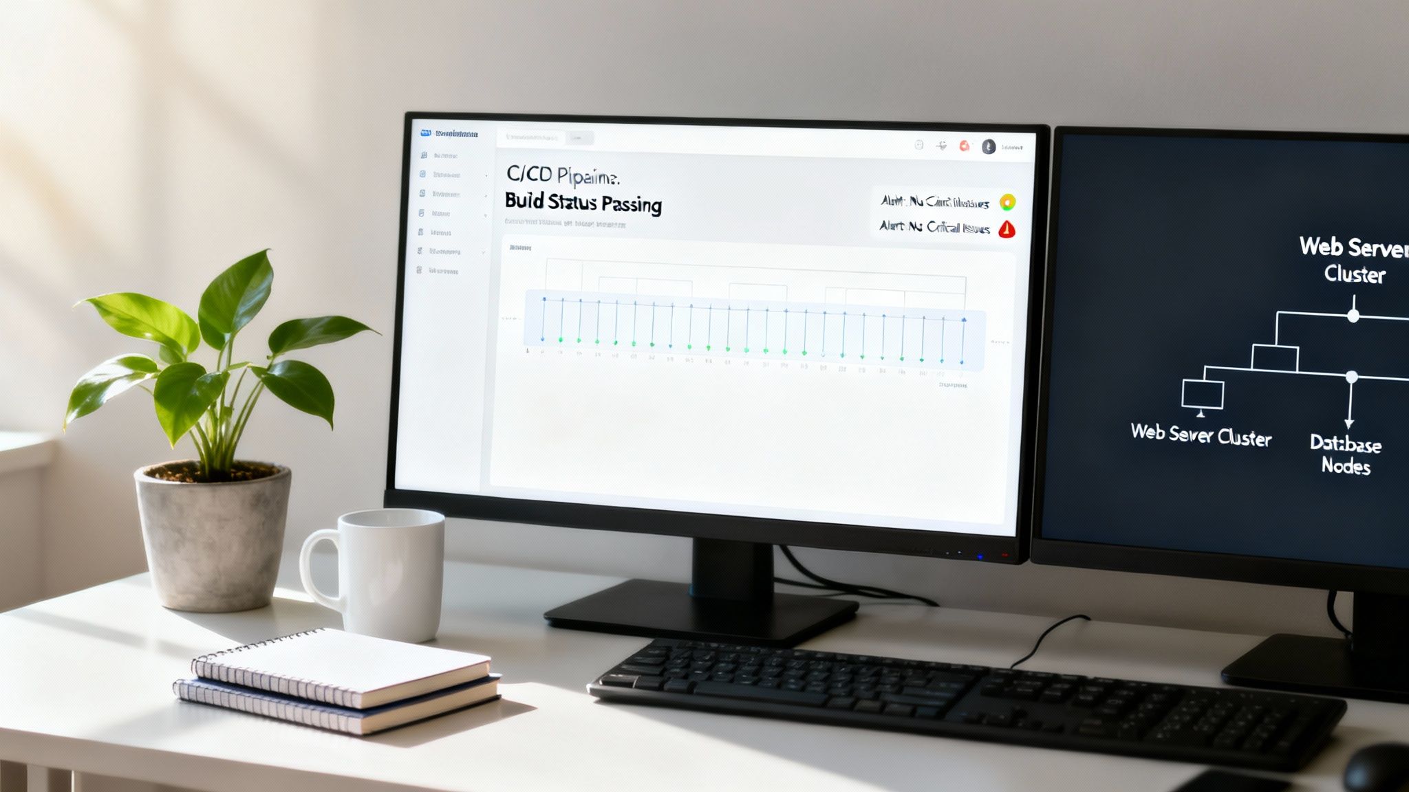 A dual monitor desk setup showing a CI/CD pipeline dashboard and a web server cluster diagram.