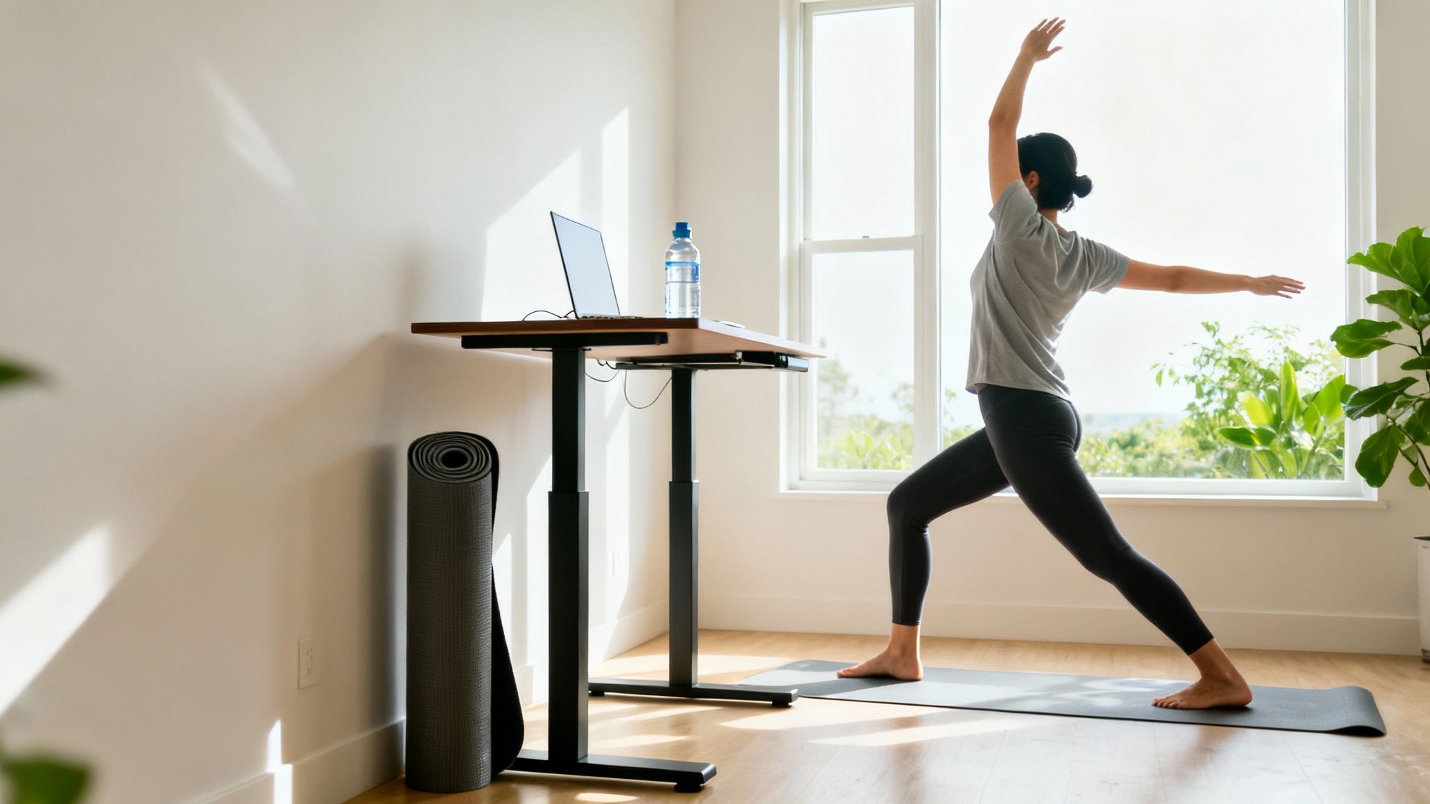 A woman in workout clothes doing a yoga pose on a mat in a bright home office.