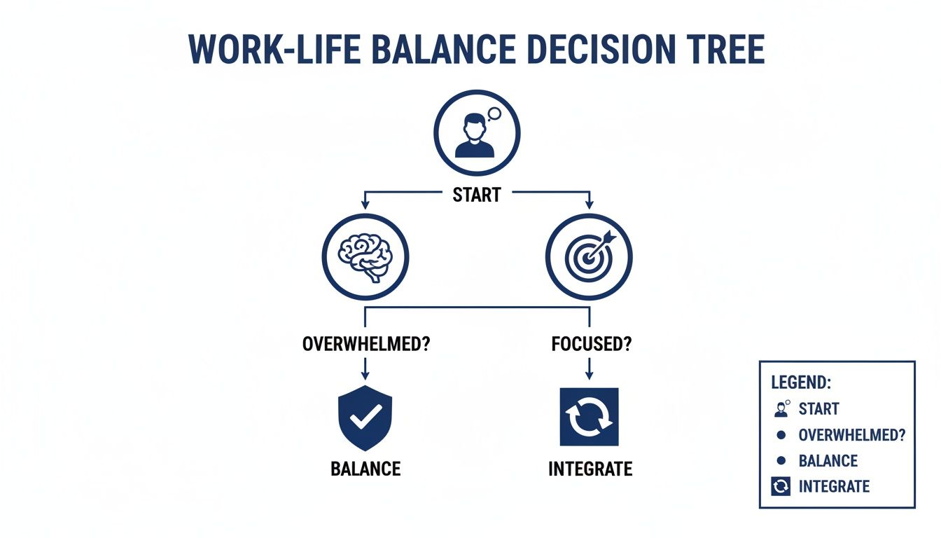 A work-life balance decision tree flowchart illustrating choices between balance and integration.