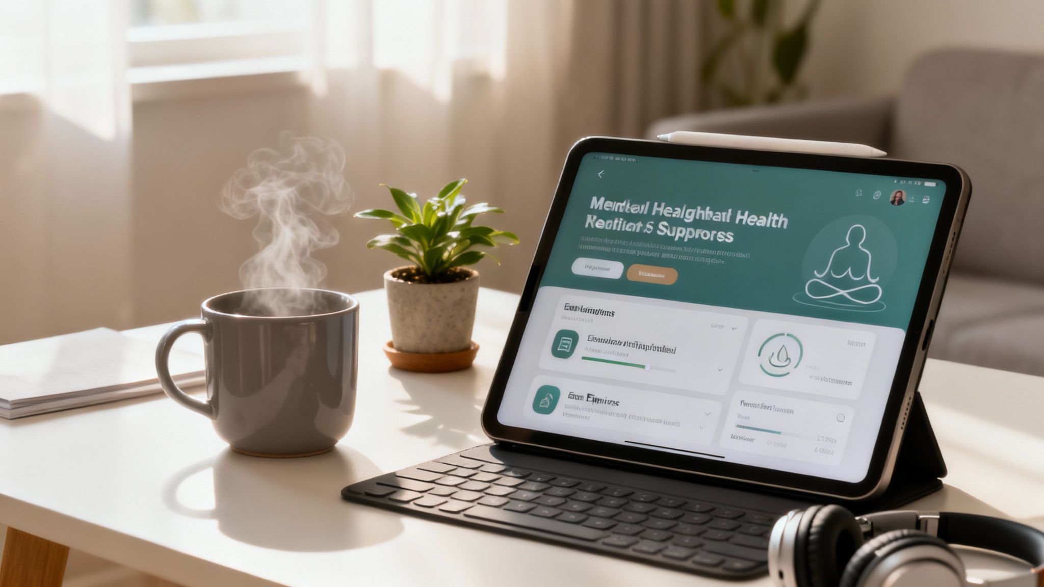 A tablet on a desk displays a mental health app next to a steaming mug and plant.