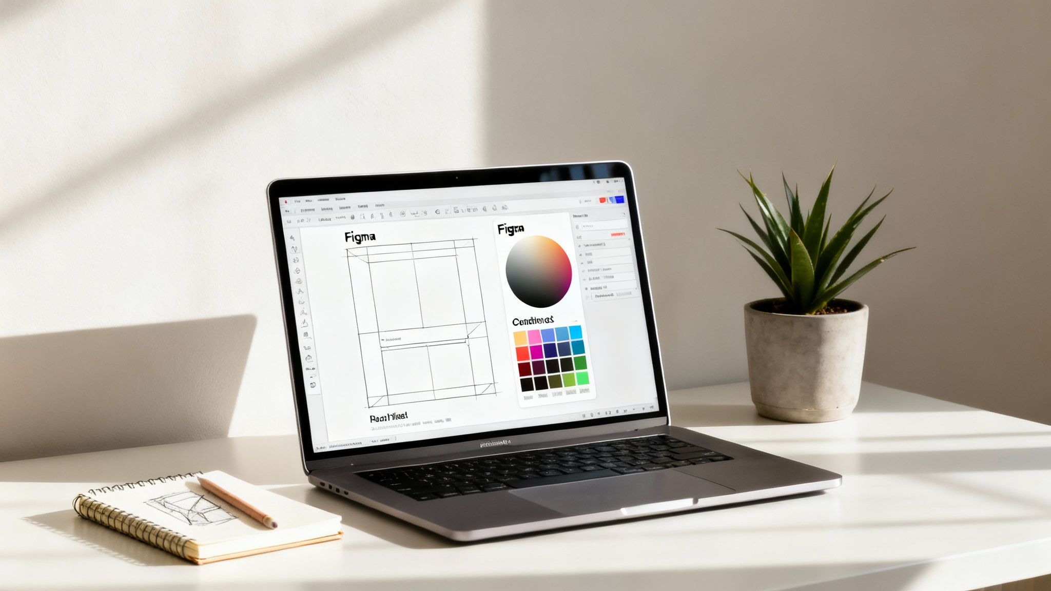 A modern workspace with a laptop open to Figma design software, a notebook, pencil, and a potted plant.