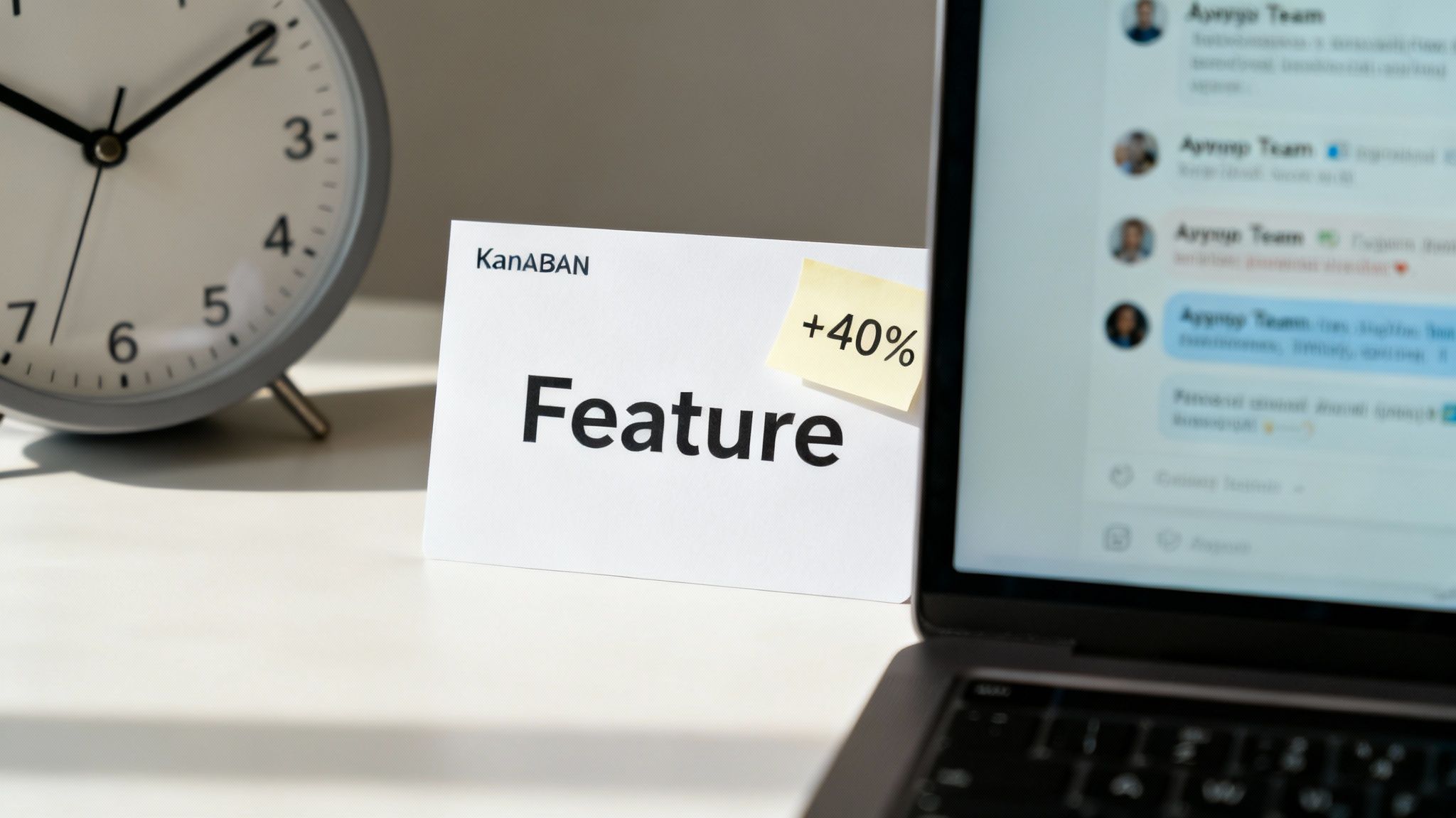 A desk setup with a 'Feature' Kanban card, a '+40%' sticky note, an alarm clock, and a laptop displaying team chats.