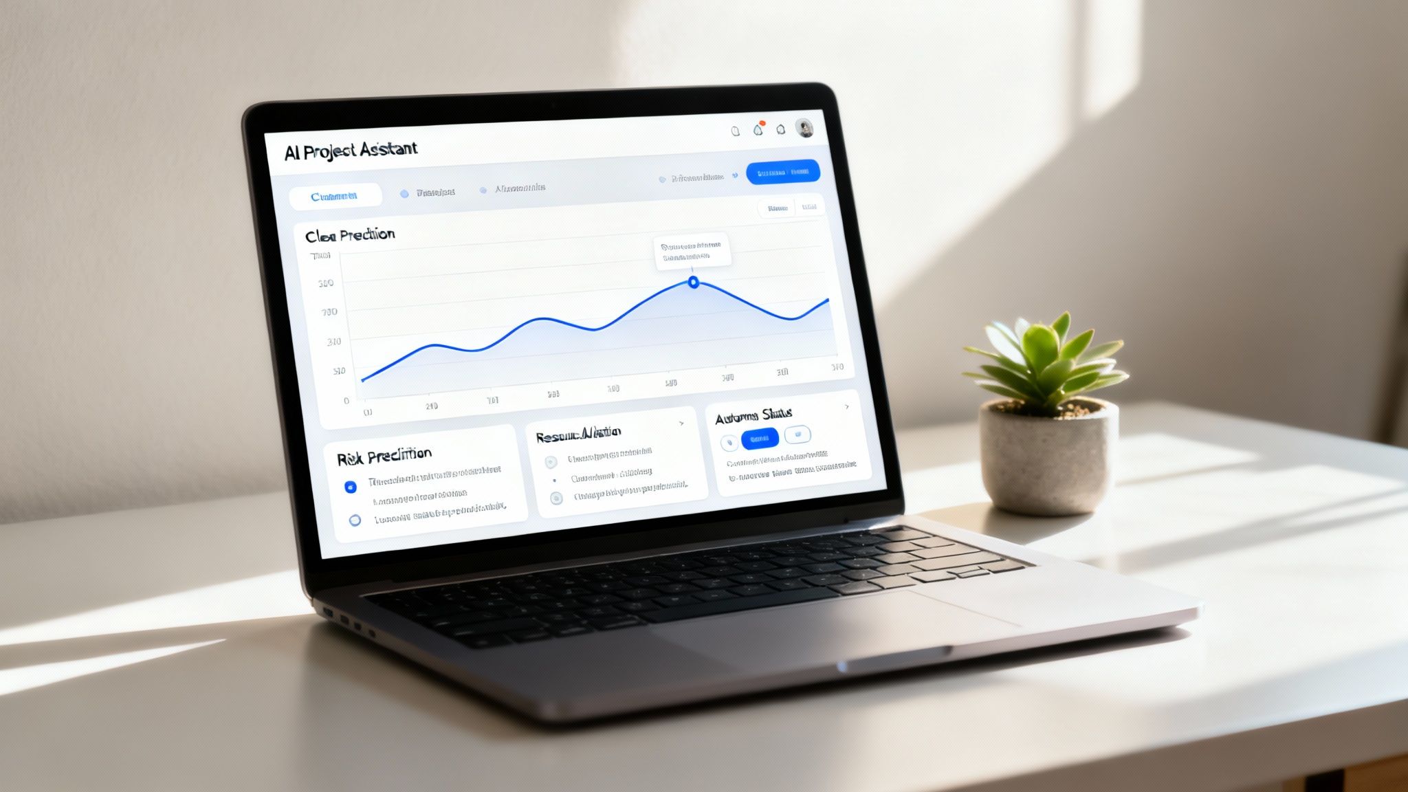 A person managing multiple projects on a digital dashboard, with AI-driven charts and graphs.