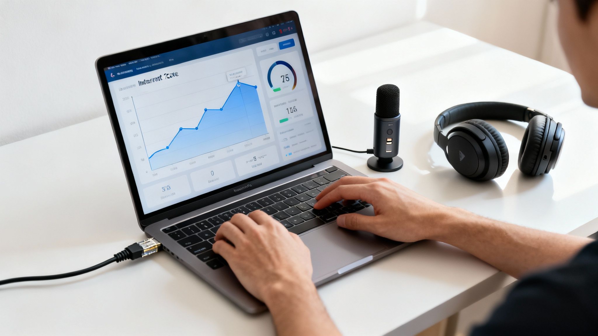A person works on a laptop displaying a data graph, with a microphone and headphones on a white desk.