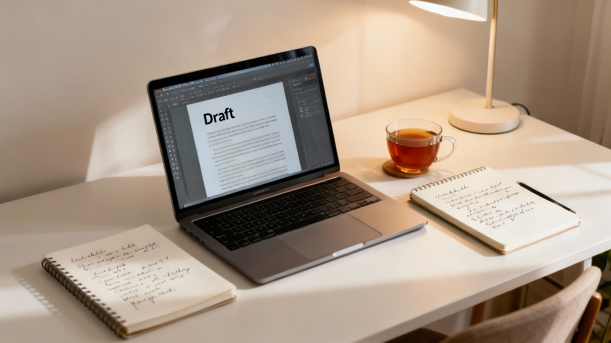 Laptop with a 'Draft' document, notebooks, tea, and a lamp on a bright desk, ideal for remote work.