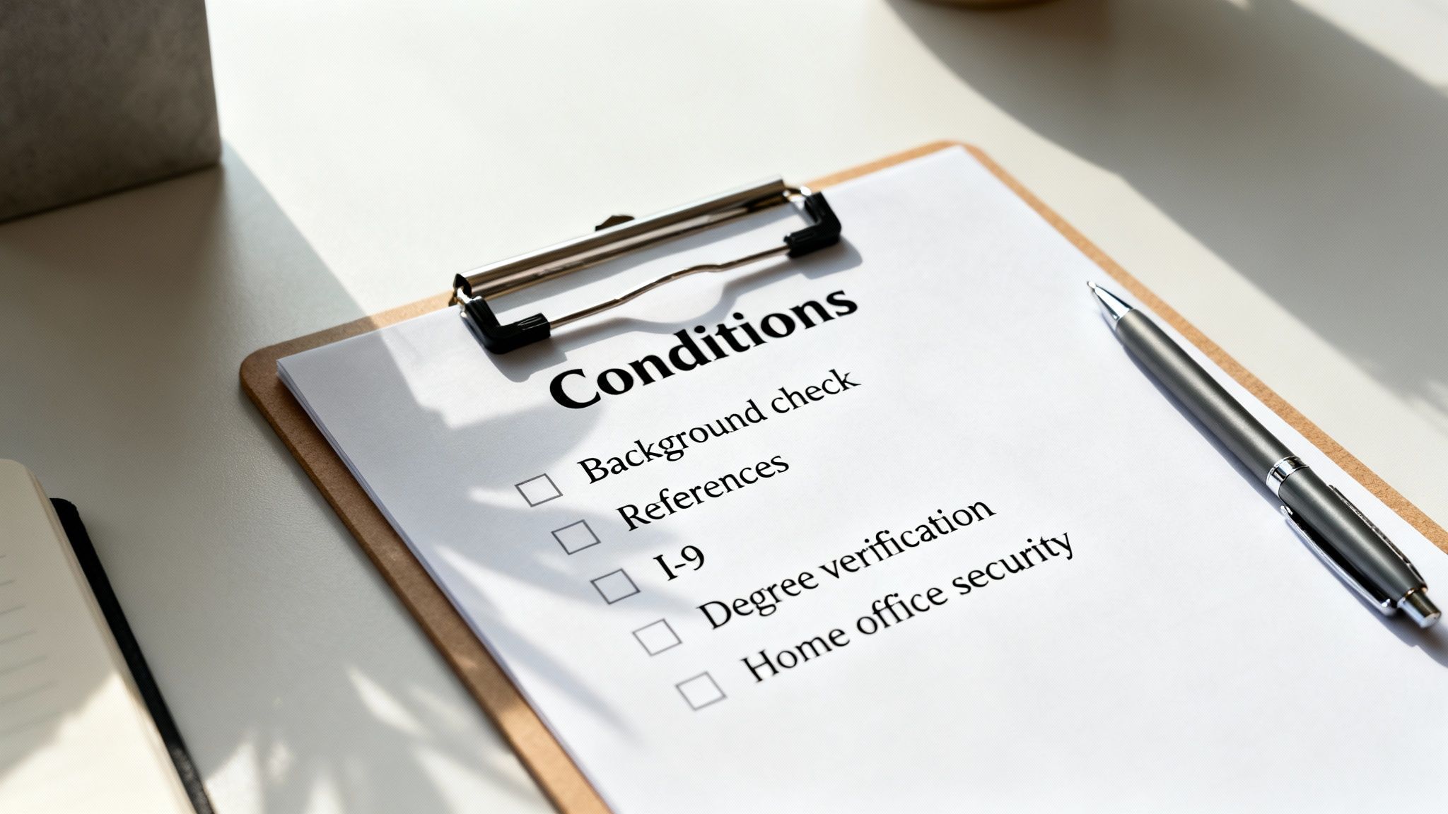 A clipboard with a document titled 'Conditions' showing a checklist for a job offer, next to a pen.