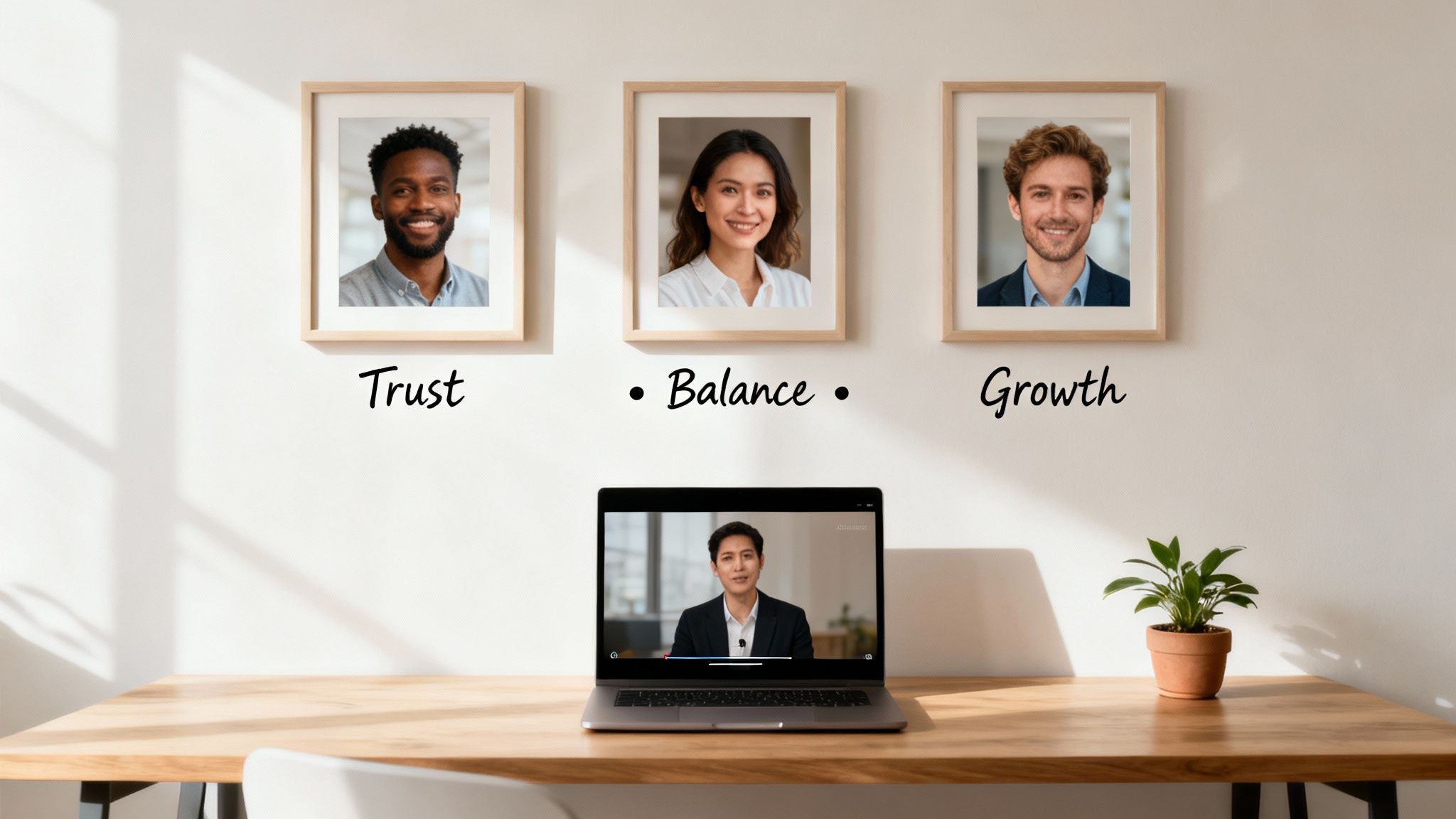 Three diverse professional portraits labeled Trust, Balance, Growth on a wall above a desk with a laptop.