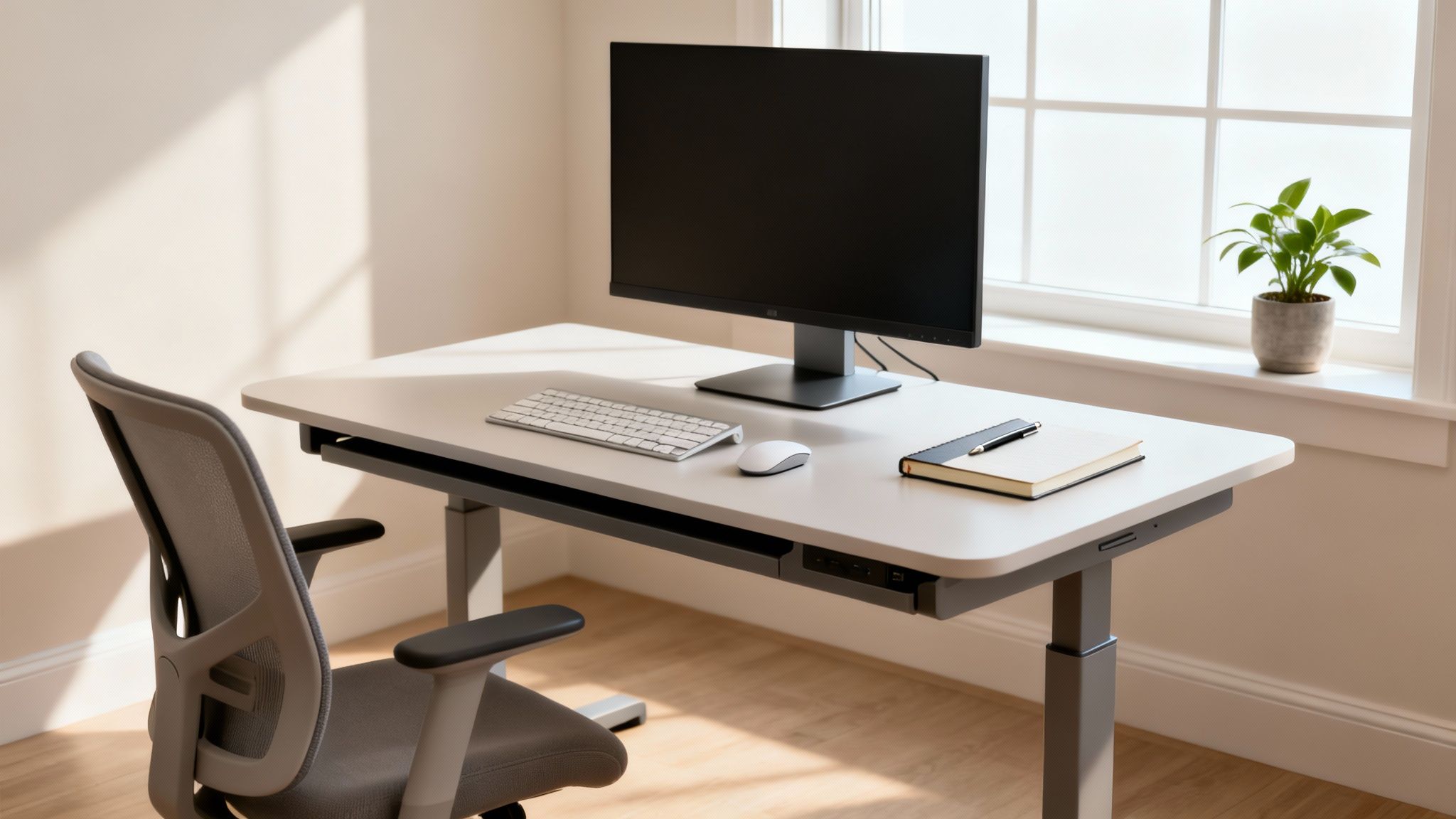 A clean and modern home office setup with a standing desk, monitor, ergonomic chair, and a plant by a bright window.