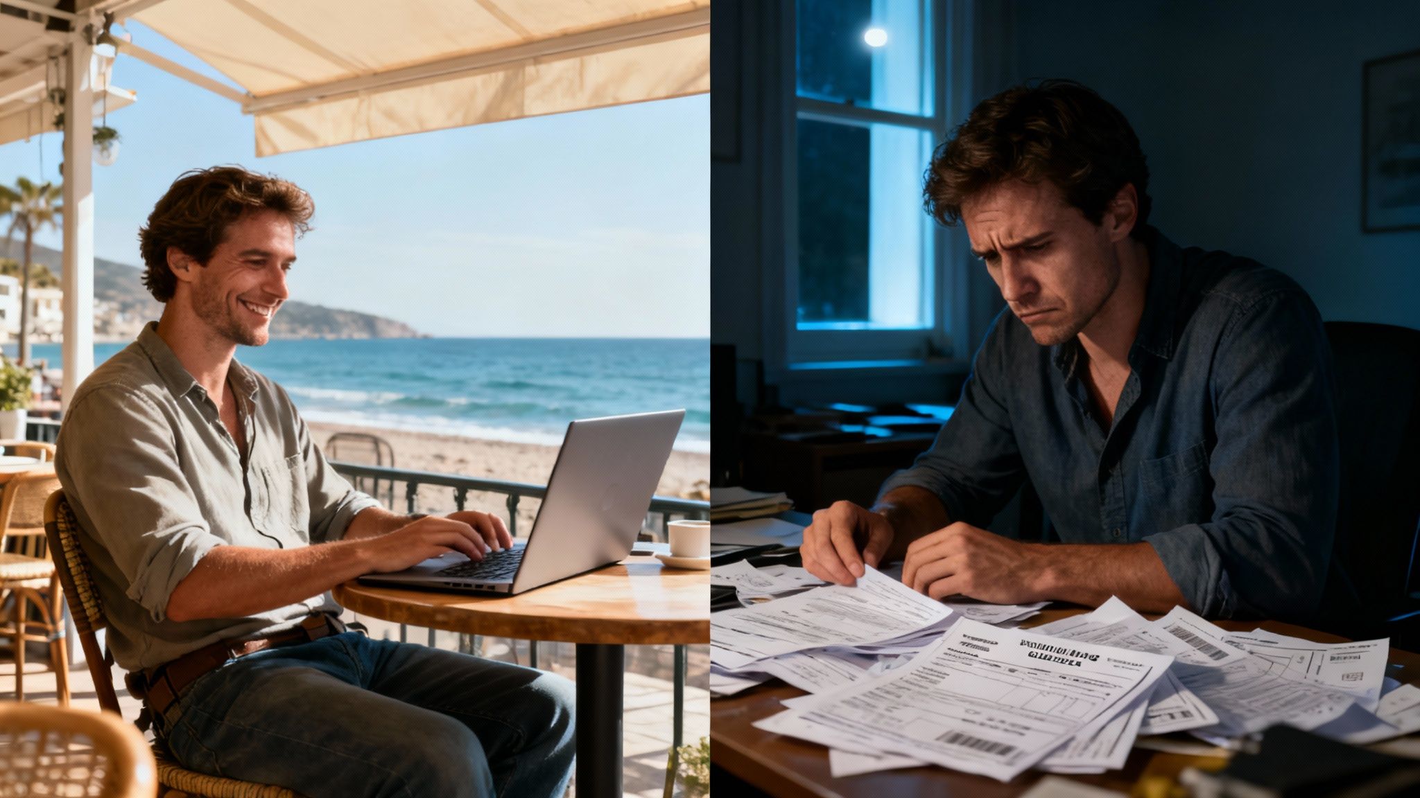 A person sitting on a scenic cliff with a laptop, balancing work and travel.