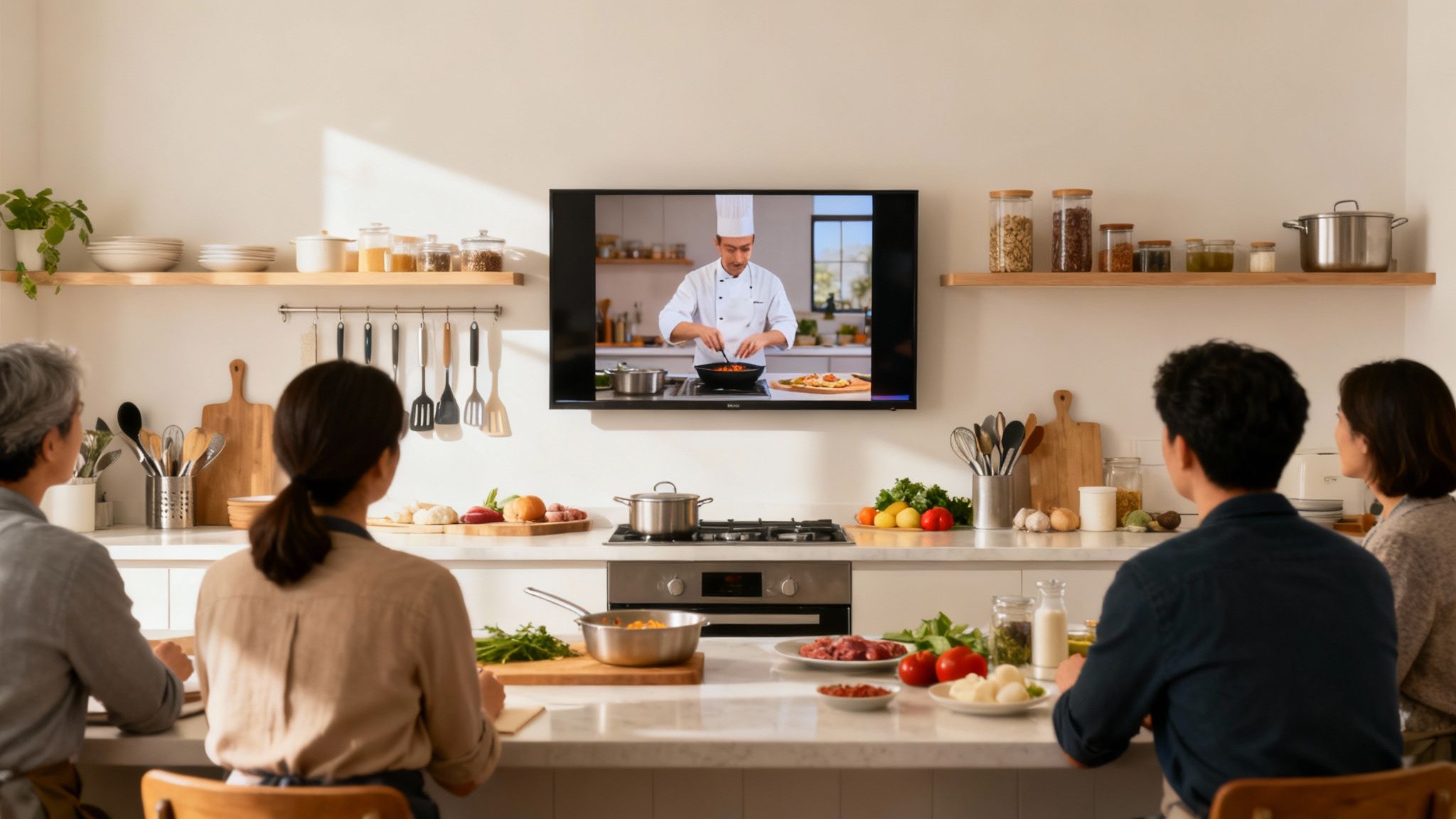 A group of people participating in a virtual cooking class on their laptops