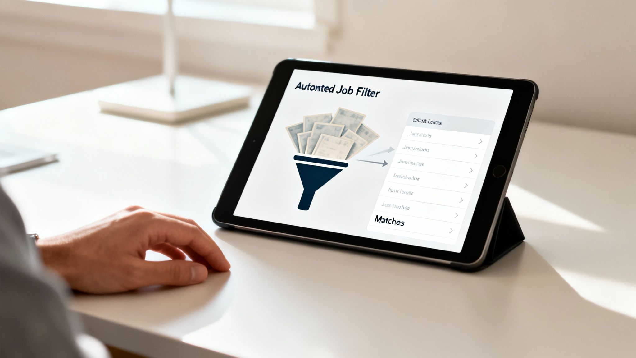 Tablet displaying an automated job filter with documents flowing into a funnel, showcasing job alerts and matches.