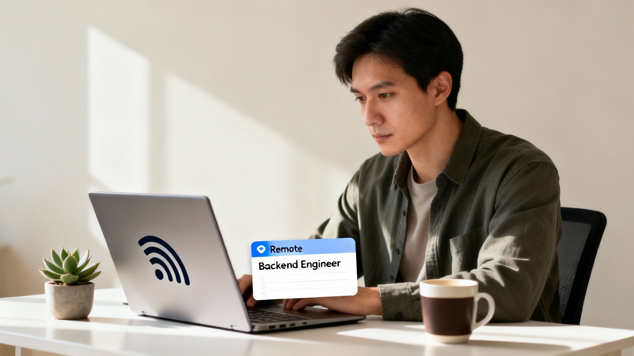 Asian man working on a laptop displaying a 'Remote Backend Engineer' job posting in a sunlit office.