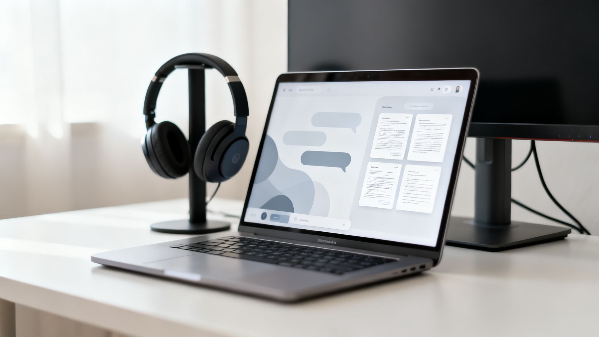 A sleek workspace featuring a laptop with a chat UI, headphones, and an external monitor on a white desk.