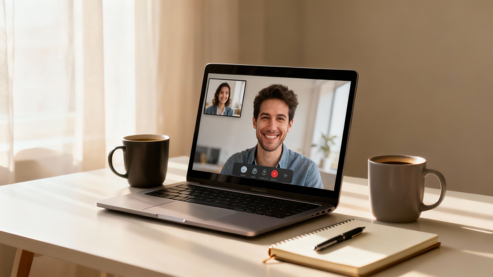 A laptop on a desk showing a video call with a smiling man and woman, with coffee mugs and a notebook.