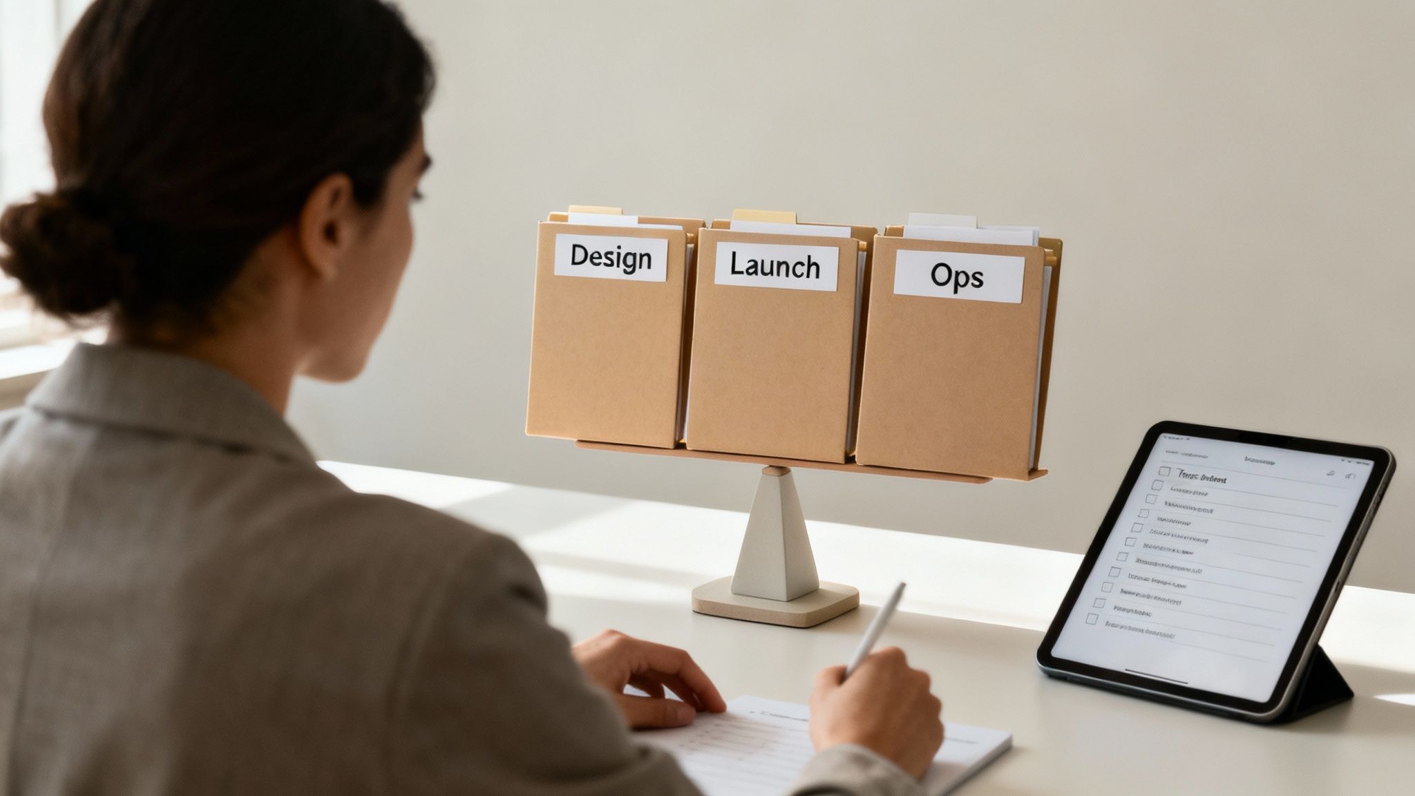Person working at a desk, looking at project files labeled Design, Launch, and Ops, with a tablet checklist.