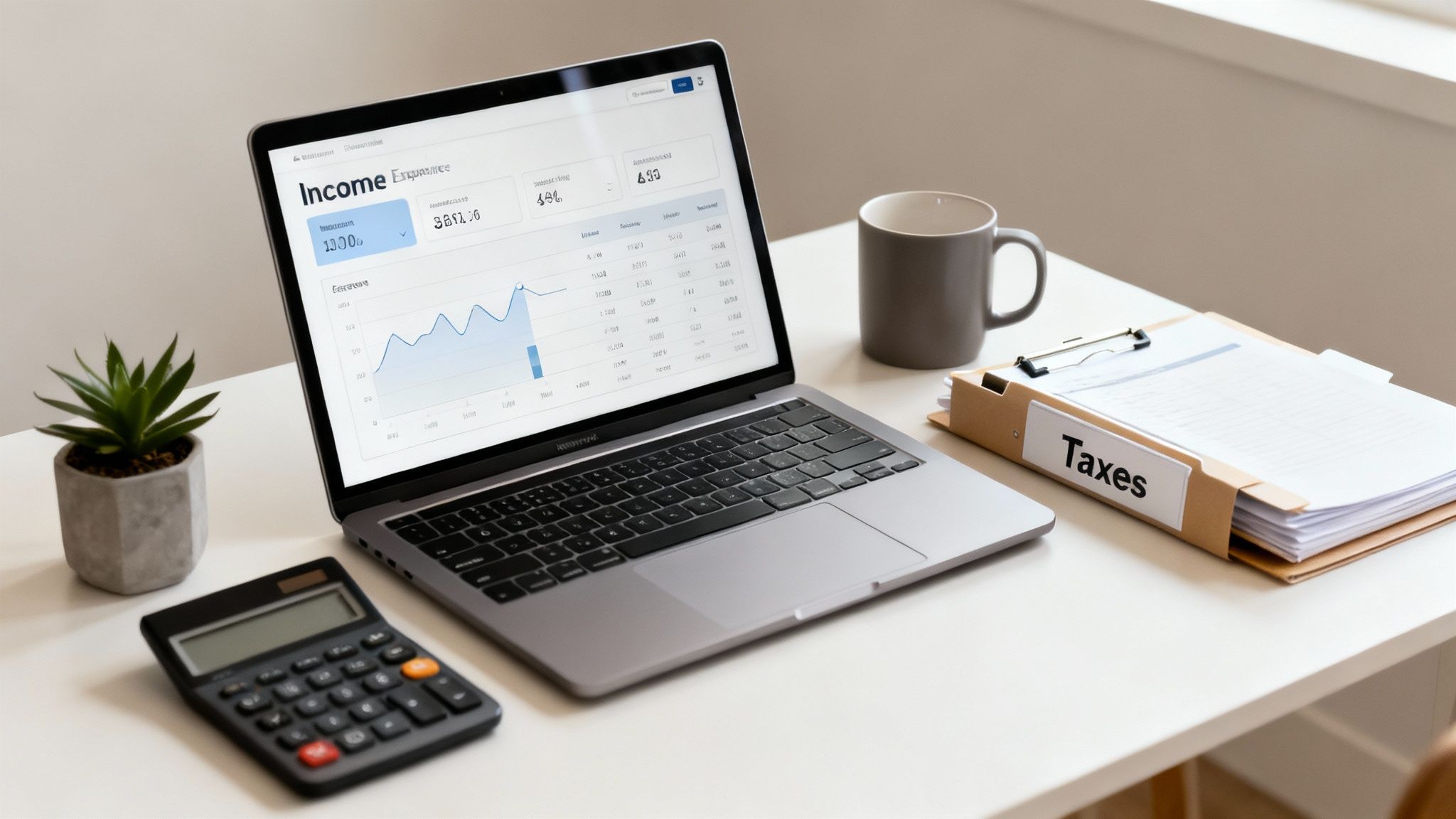 A laptop displaying financial charts and data, a calculator, and a folder labeled "Taxes" on a white desk.
