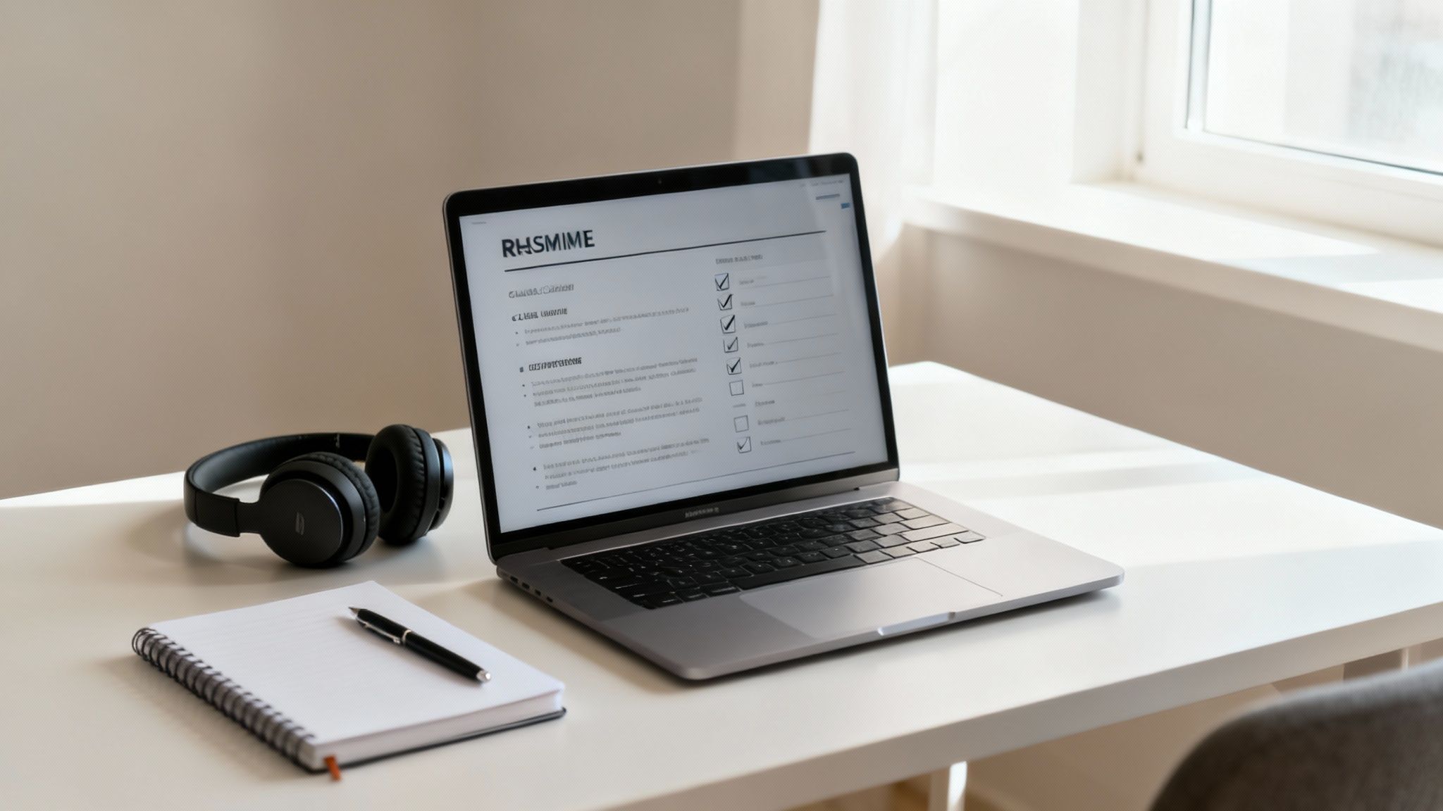 A person at a well-organized desk, searching for jobs on a laptop.