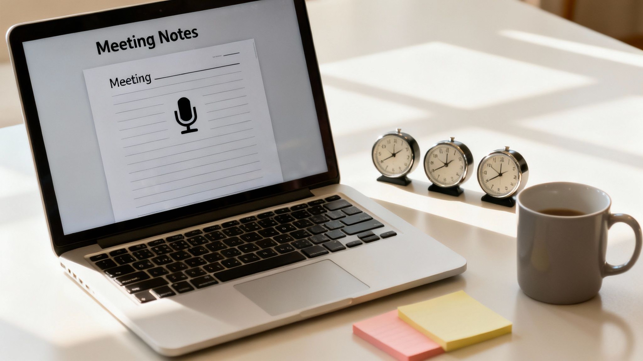 A laptop displays "Meeting Notes" next to three alarm clocks, a mug, and sticky notes on a desk.