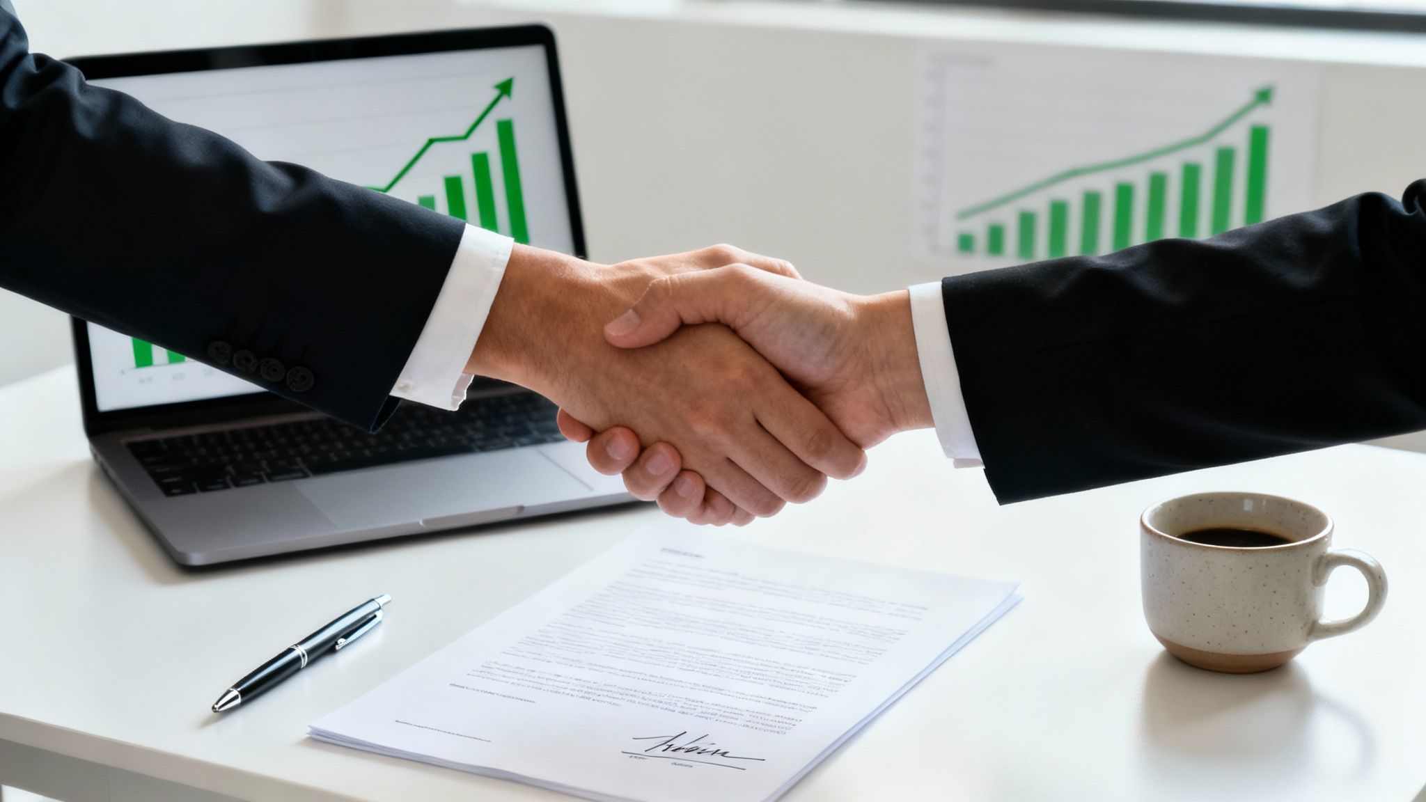 Two business professionals shaking hands over signed contract with growth charts displayed on screens